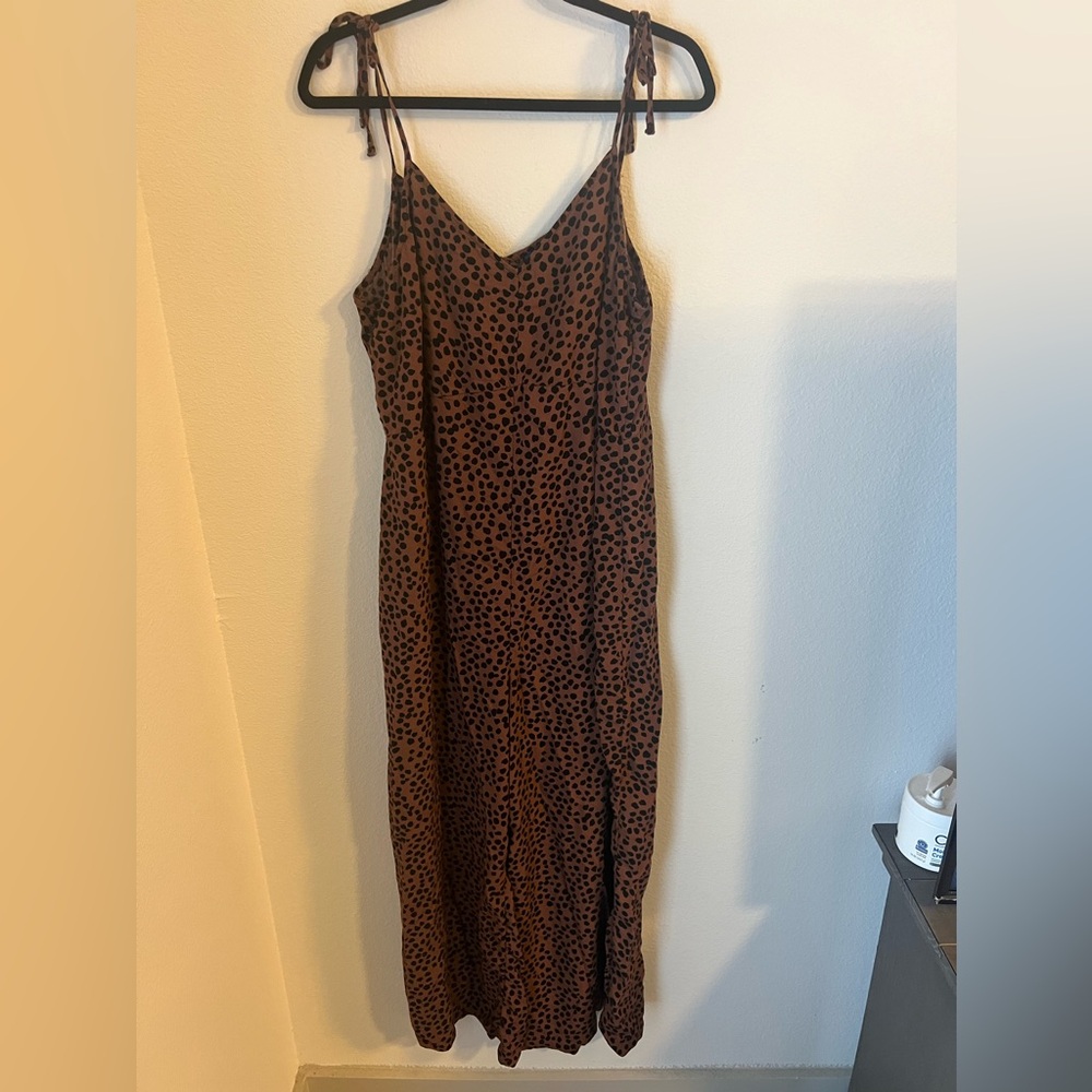 Brown Leopard Print Slip Jumpsuit with Tie Straps